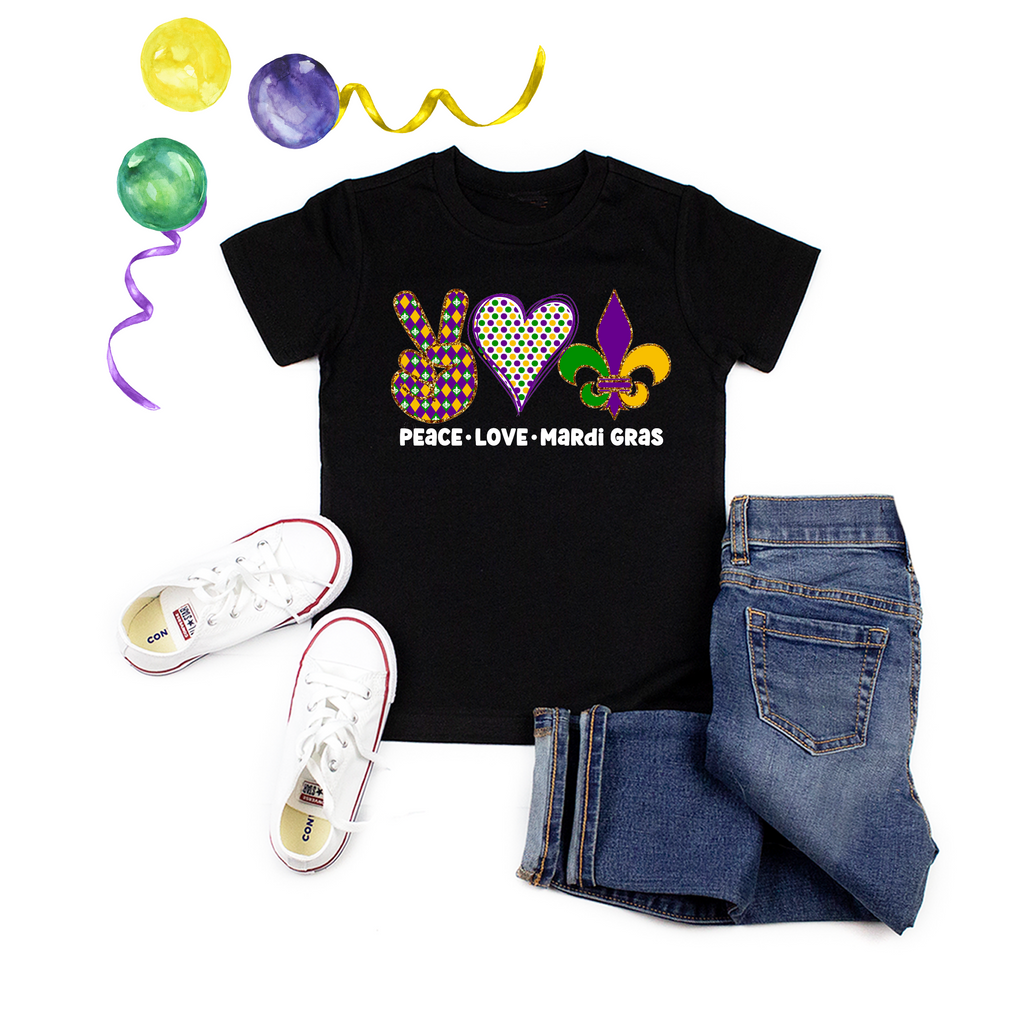 Peace Love Mardi Gras Kids & Adult Tees