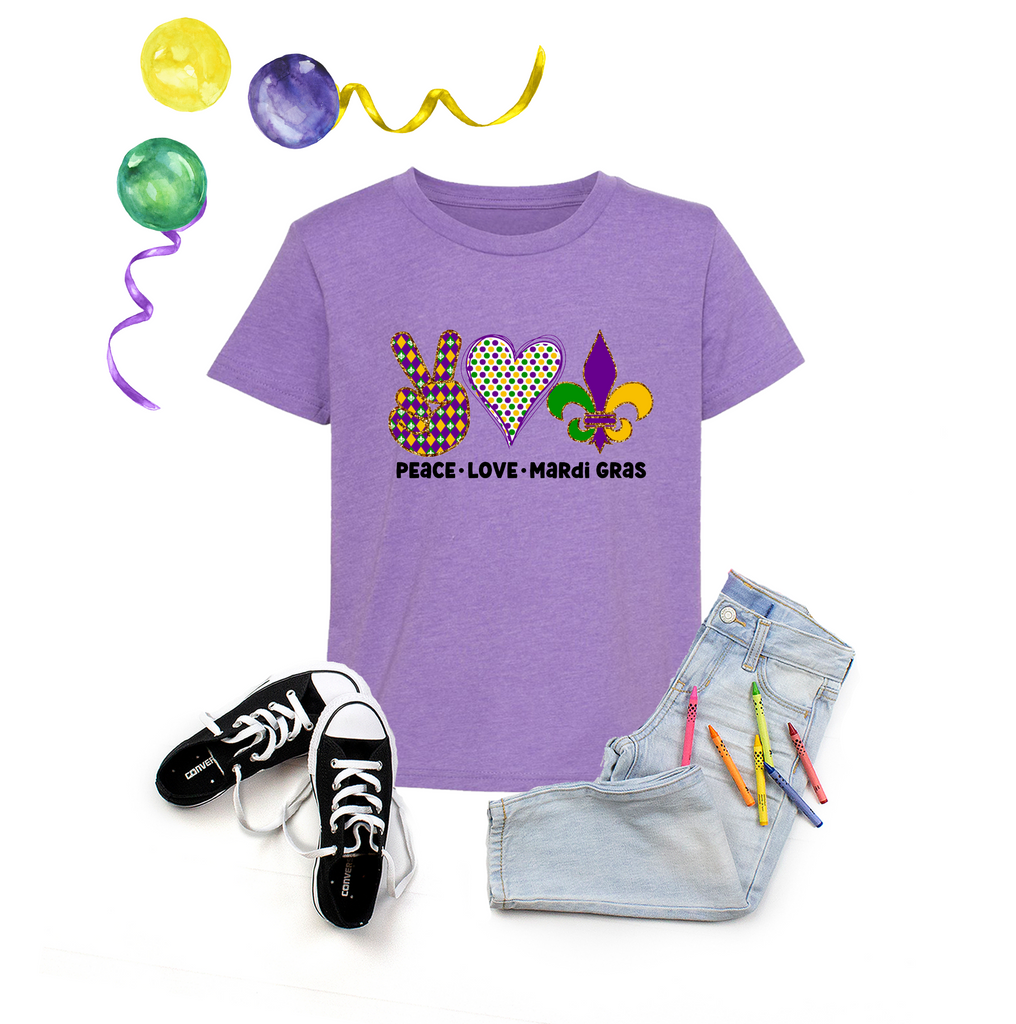 Peace Love Mardi Gras Kids & Adult Tees